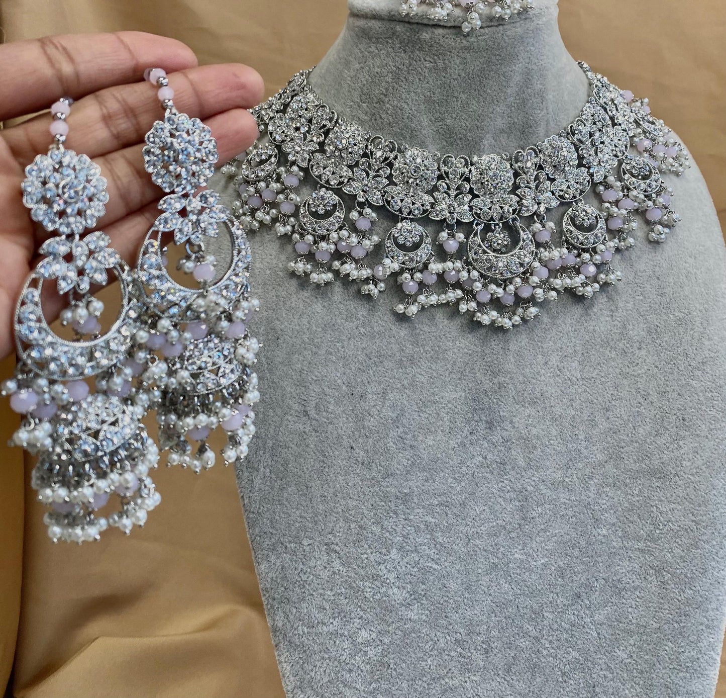 Silver Pink Bridal Indian Bridal Set/Silver Necklace Set/ Indian/Pink Necklace Set/Pink Necklace Set/ Wedding/Indian Bridal Jewellery