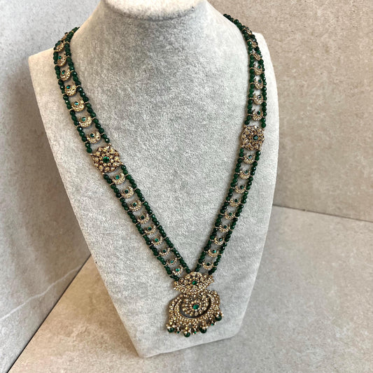 Green Long Necklace Mala Haar Pendant High Quality Golden Rhinestone Adjustable Indian Pakistani Bollywood Wedding Fashion Desi Jewellery