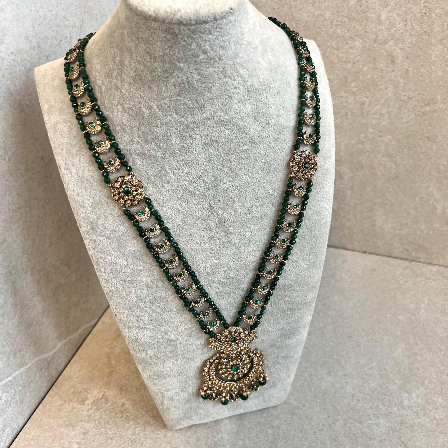 Green Long Necklace Mala Haar Pendant High Quality Golden Rhinestone Adjustable Indian Pakistani Bollywood Wedding Fashion Desi Jewellery