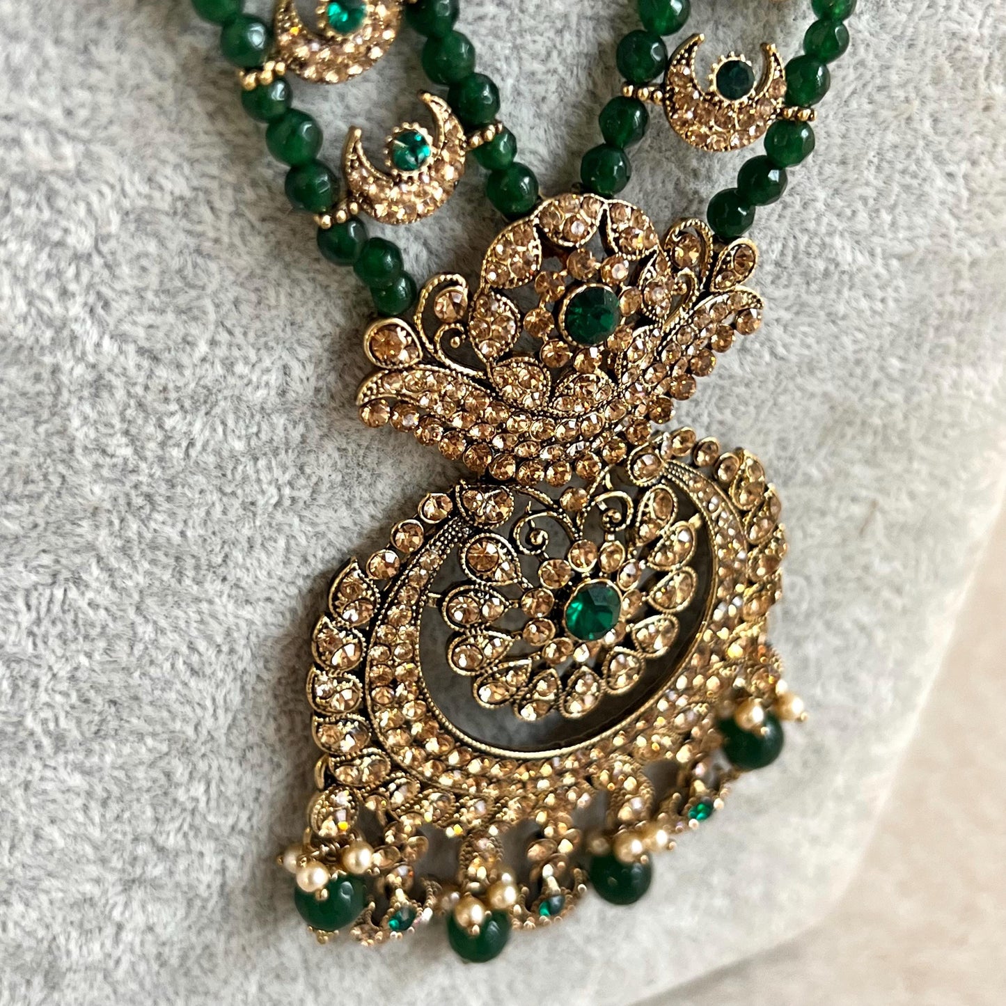 Green Long Necklace Mala Haar Pendant High Quality Golden Rhinestone Adjustable Indian Pakistani Bollywood Wedding Fashion Desi Jewellery