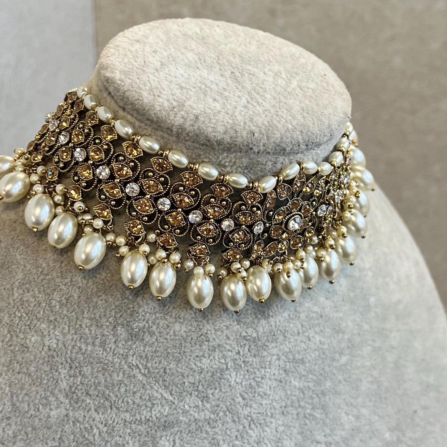 Choker Only- Golden/ Unique Style/ Indian/ Pakistani/Fashion Jewellery/ Gift for Women Golden Clear Rhinestone pearls