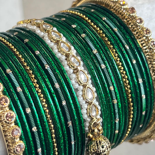 Midi Green Jhumka Bangle Set - Both Arms 2.8/ Bridal Green Bangle Set/ Antique Gold Faux Kundan Kada & Jhumka Bangle Set/Bridal Jewellery