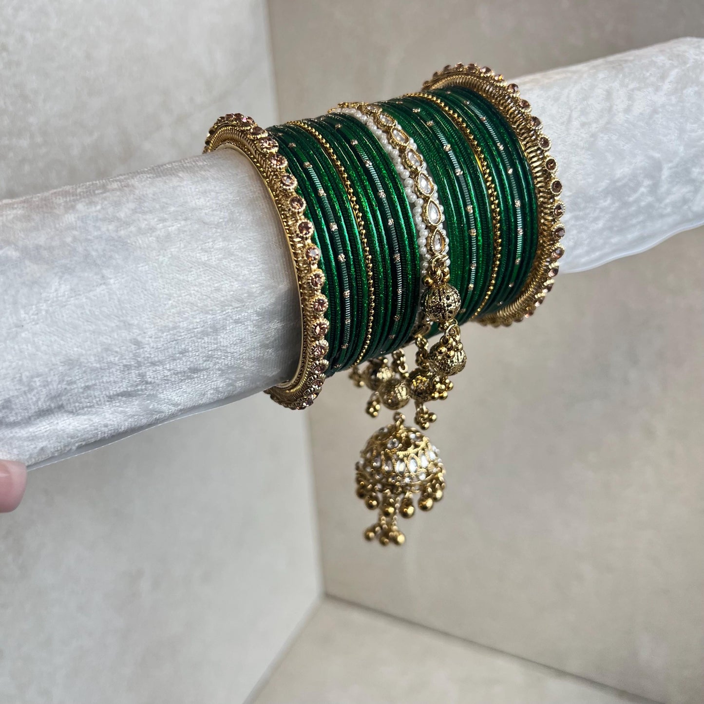 Midi Green Jhumka Bangle Set - Both Arms 2.8/ Bridal Green Bangle Set/ Antique Gold Faux Kundan Kada & Jhumka Bangle Set/Bridal Jewellery