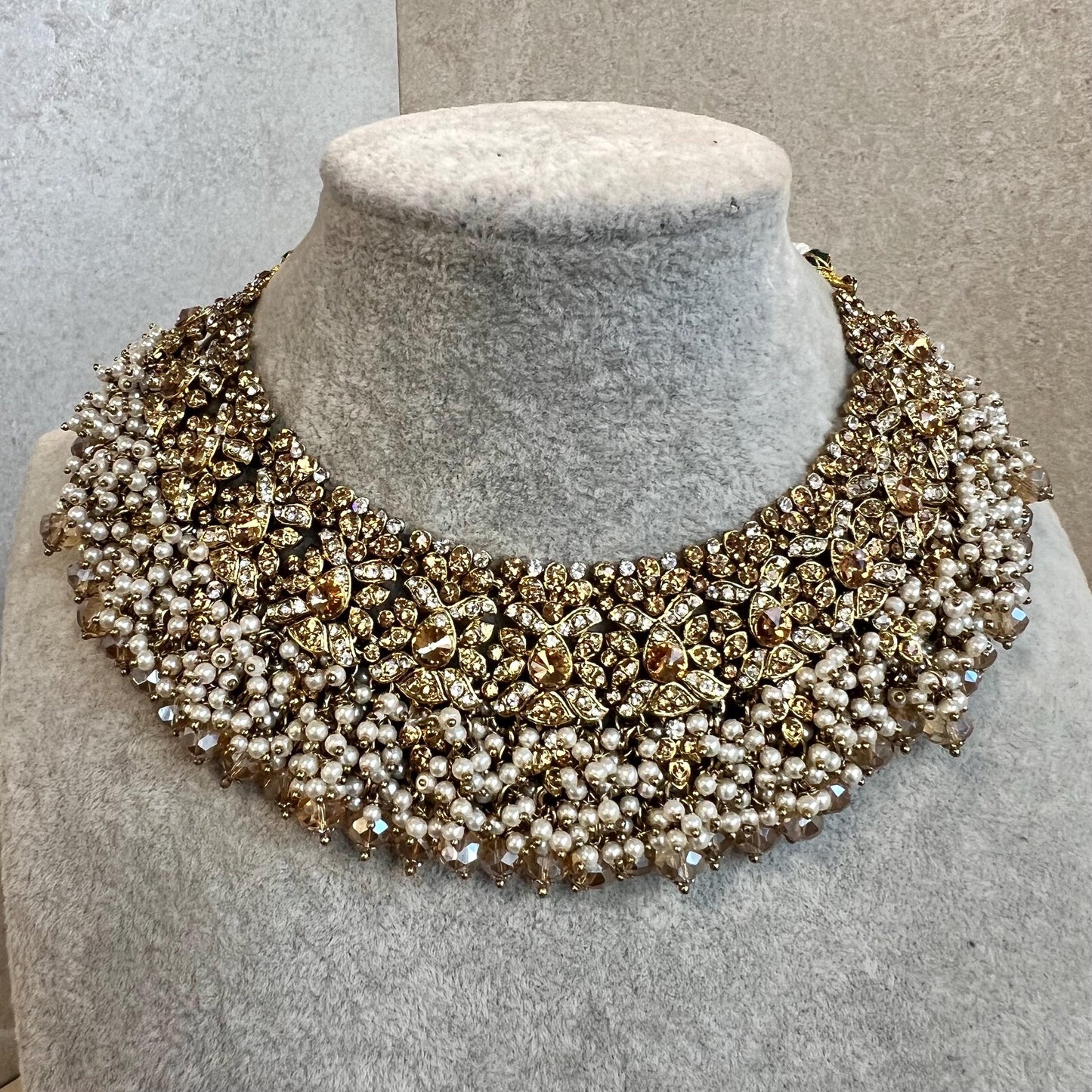 Antique Gold Necklace Only Golden Clear Rhinestone 2 inch Adjustable Jewellery Indian Pakistani Fashion Wedding Gift Bridal Guest Heavy