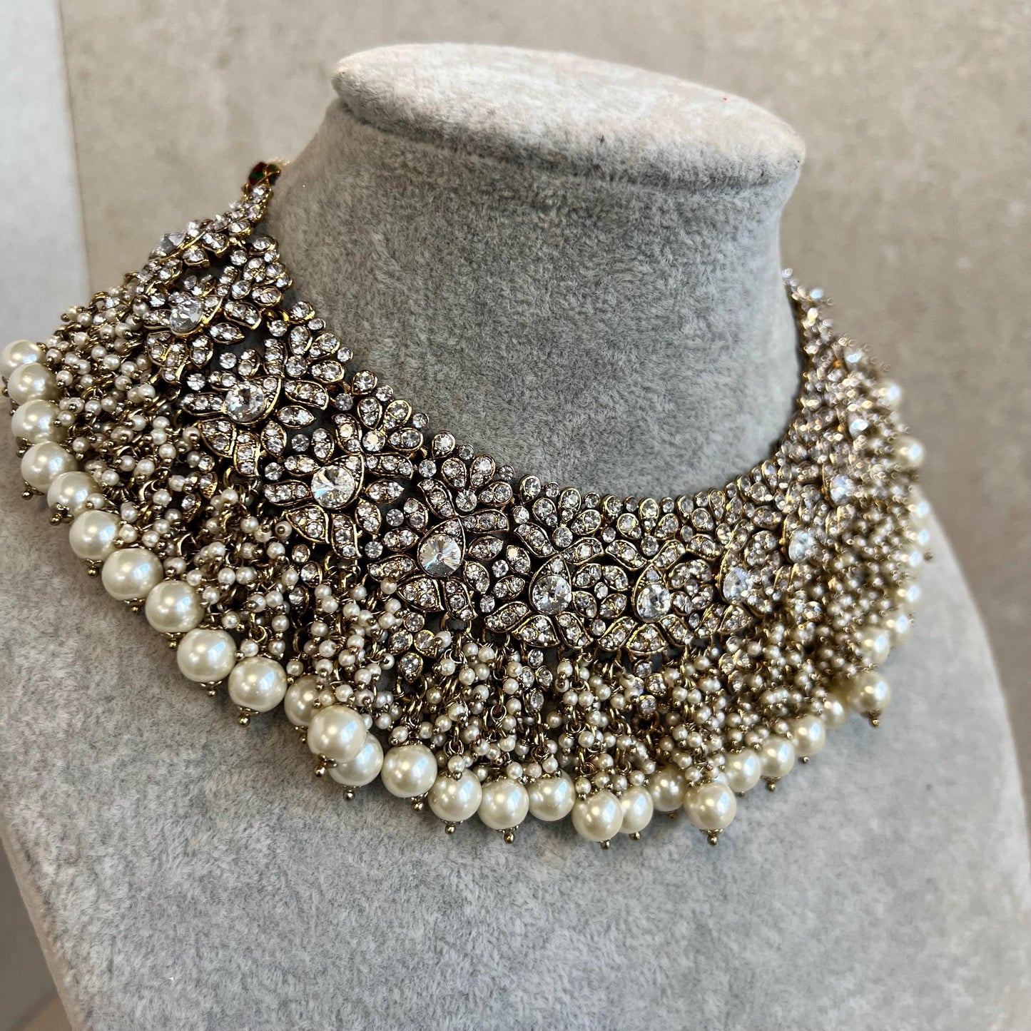 Antique Gold Necklace Only Clear Rhinestone 2 inch Adjustable Jewellery Indian Pakistani Fashion Wedding Gift Bridal Guest Heavy