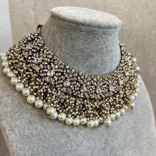 Antique Gold Necklace Only Clear Rhinestone 2 inch Adjustable Jewellery Indian Pakistani Fashion Wedding Gift Bridal Guest Heavy