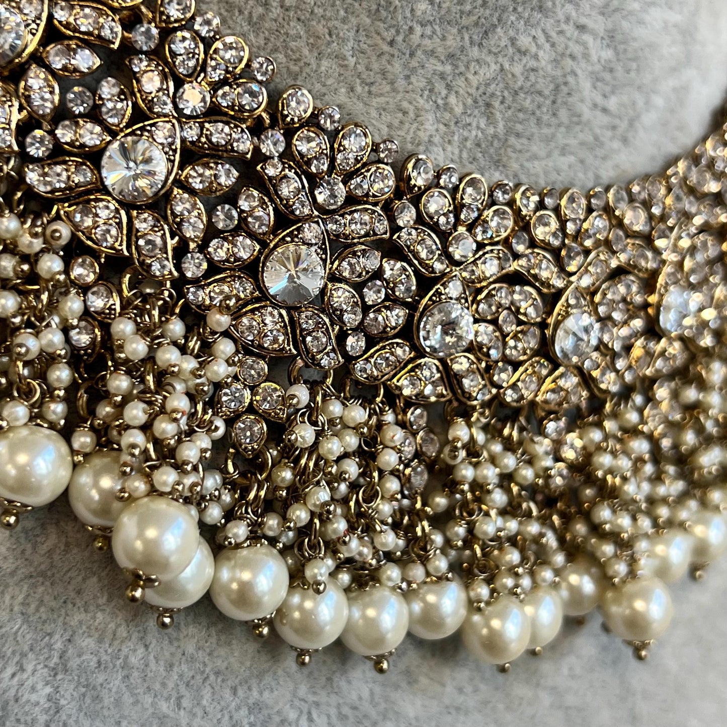 Antique Gold Necklace Only Clear Rhinestone 2 inch Adjustable Jewellery Indian Pakistani Fashion Wedding Gift Bridal Guest Heavy
