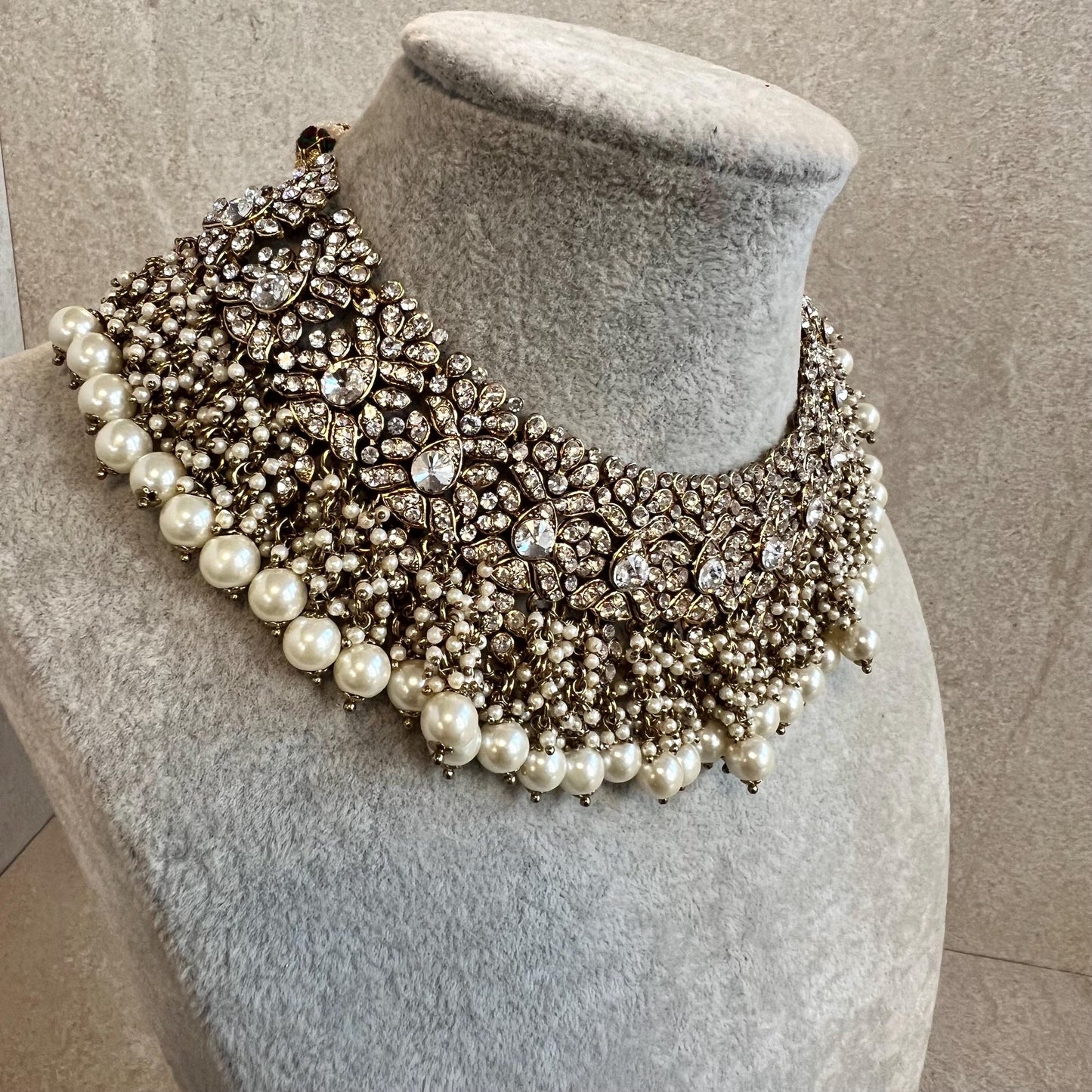 Antique Gold Necklace Only Clear Rhinestone 2 inch Adjustable Jewellery Indian Pakistani Fashion Wedding Gift Bridal Guest Heavy