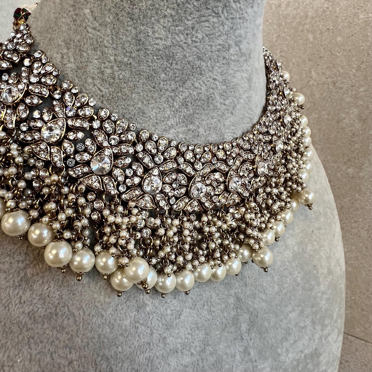 Antique Gold Necklace Only Clear Rhinestone 2 inch Adjustable Jewellery Indian Pakistani Fashion Wedding Gift Bridal Guest Heavy