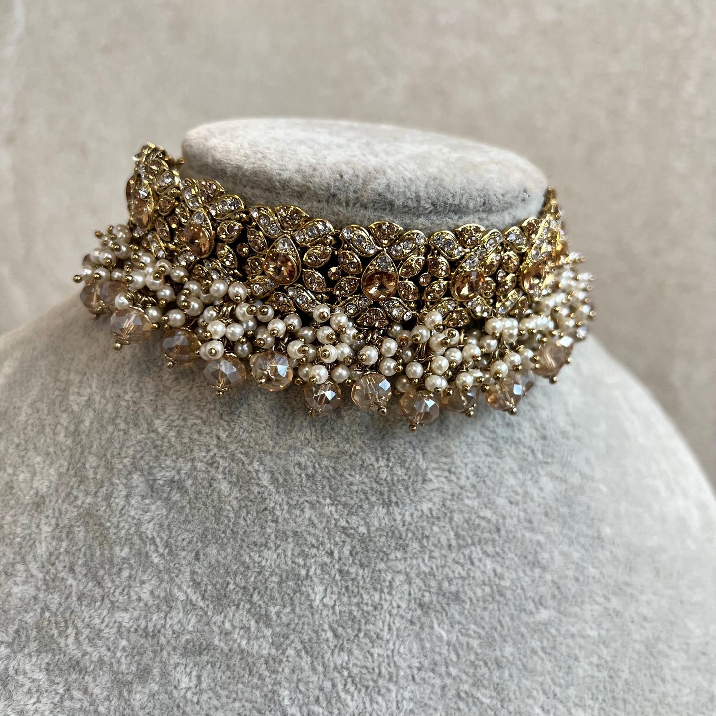 Antique Gold Choker Only Golden Clear Rhinestone 1 inch Adjustable Jewellery Indian Pakistani Fashion Wedding Gift Bridal Guest Heavy