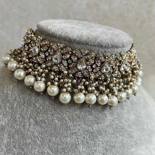 Antique Gold Choker Only Clear Rhinestone 1 inch Adjustable Jewellery Indian Pakistani Fashion Wedding Gift Bridal Guest Heavy