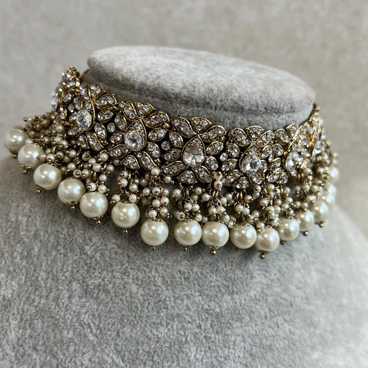 Antique Gold Choker Only Clear Rhinestone 1 inch Adjustable Jewellery Indian Pakistani Fashion Wedding Gift Bridal Guest Heavy