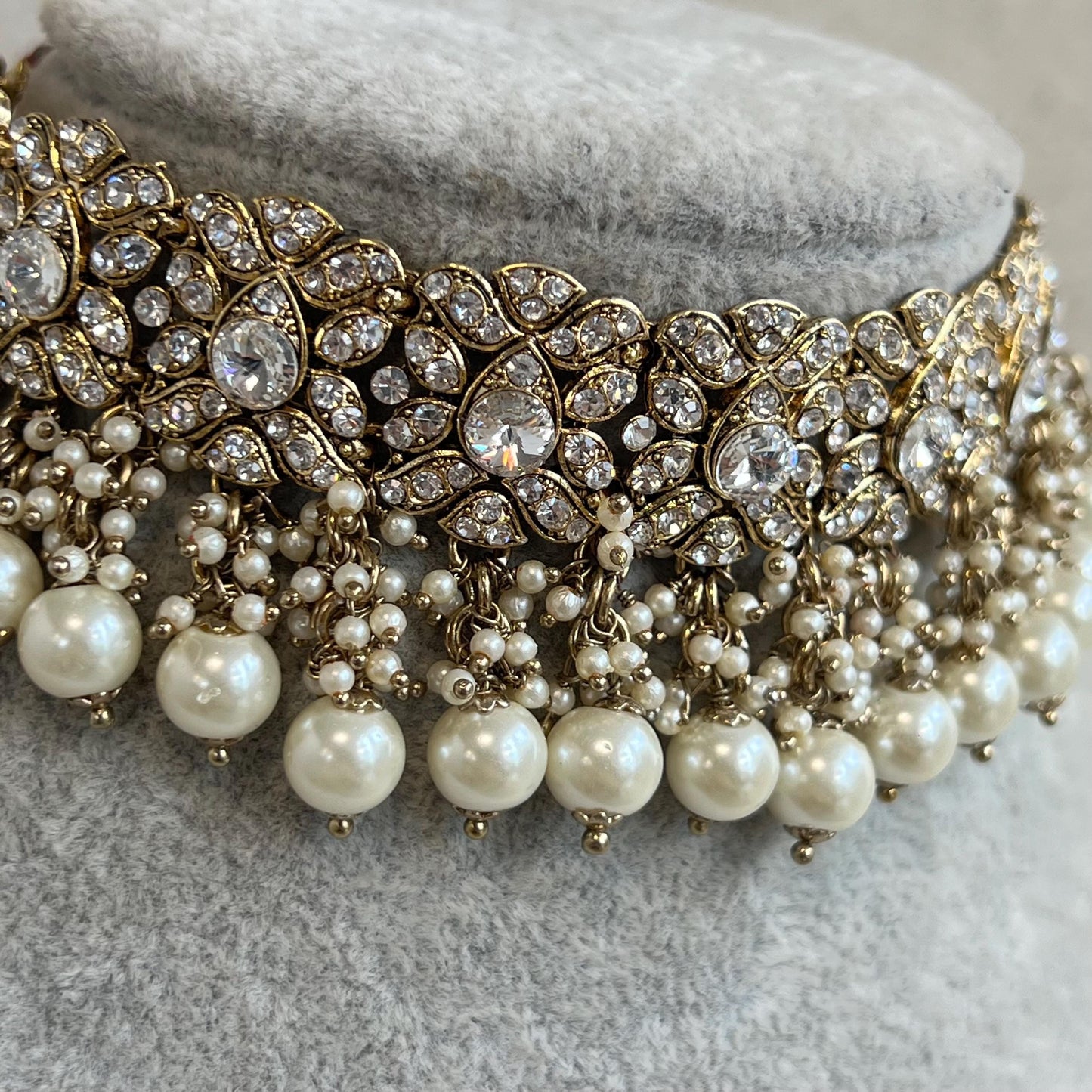 Antique Gold Choker Only Clear Rhinestone 1 inch Adjustable Jewellery Indian Pakistani Fashion Wedding Gift Bridal Guest Heavy