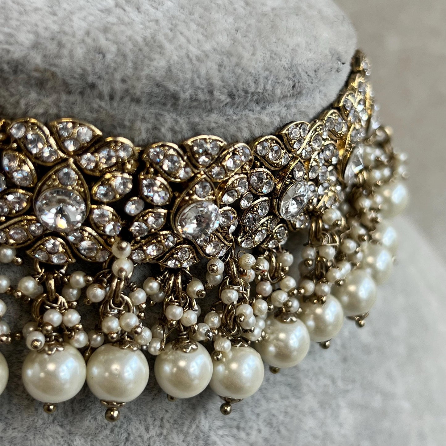 Antique Gold Choker Only Clear Rhinestone 1 inch Adjustable Jewellery Indian Pakistani Fashion Wedding Gift Bridal Guest Heavy
