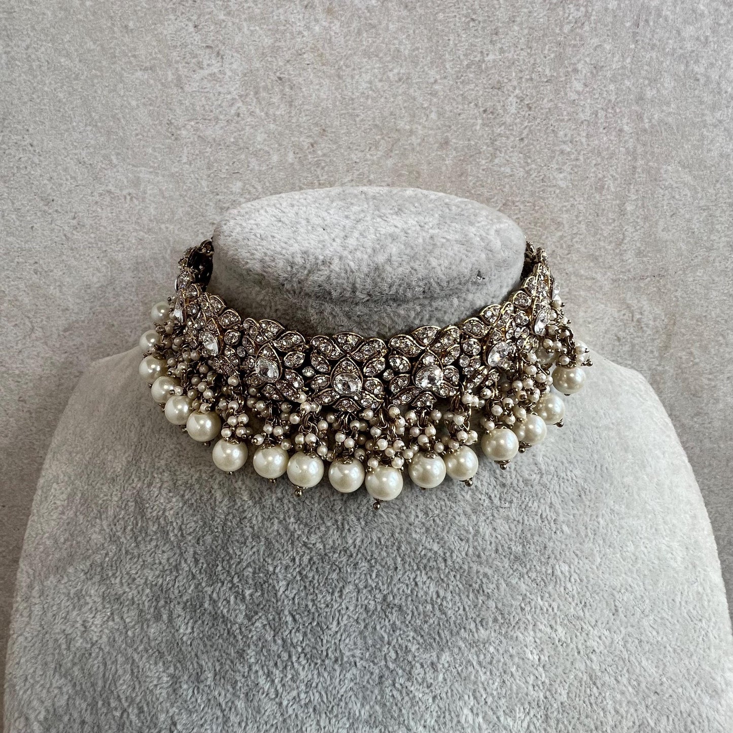 Antique Gold Choker Only Clear Rhinestone 1 inch Adjustable Jewellery Indian Pakistani Fashion Wedding Gift Bridal Guest Heavy