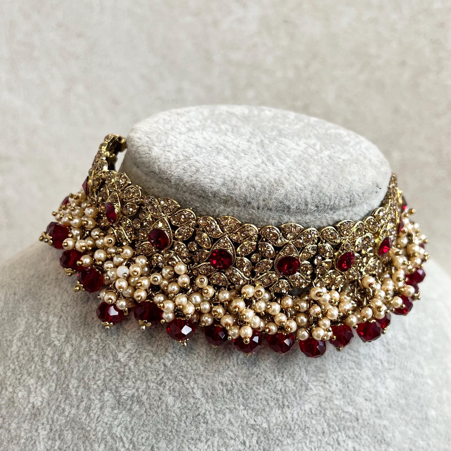 Maroon Antique Gold choker Only Golden Rhinestone 1 inch Adjustable Jewellery Indian Pakistani Fashion Wedding Gift Bridal Guest Heavy