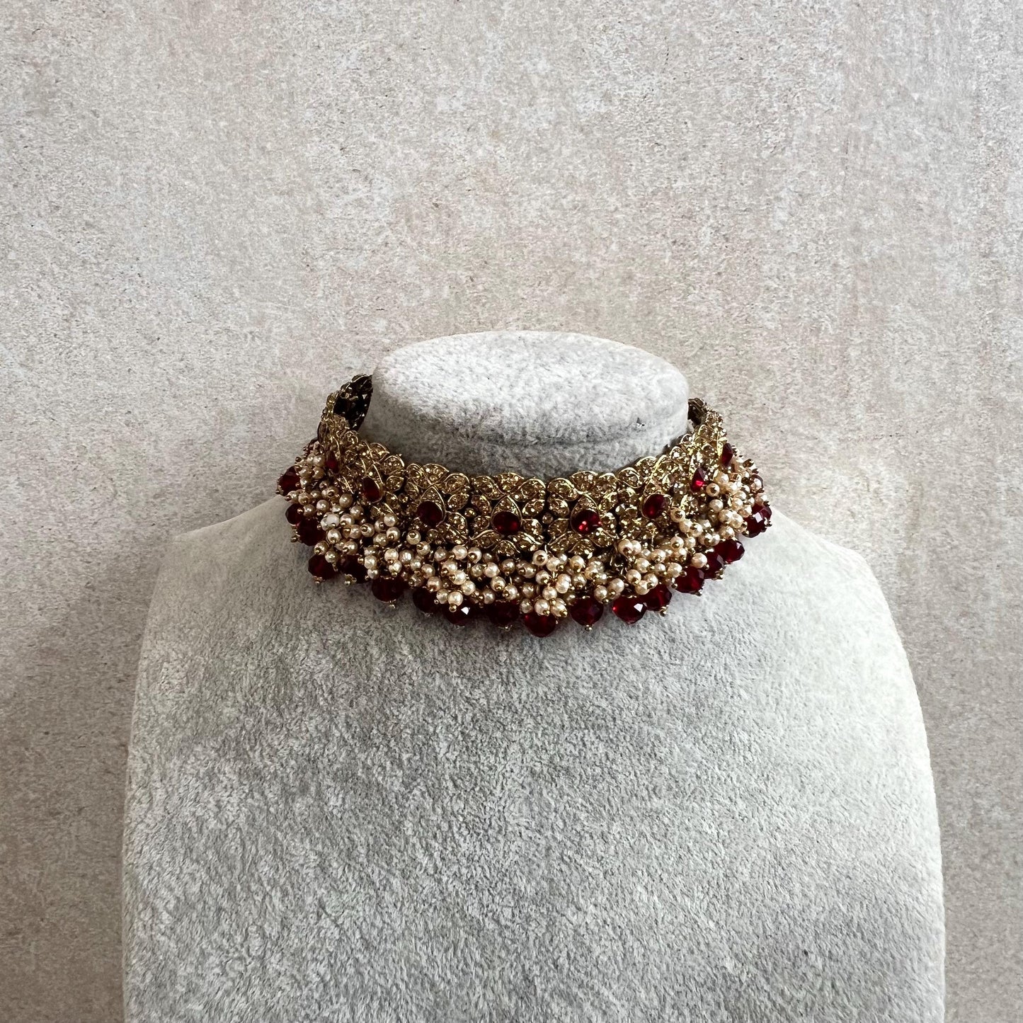 Maroon Antique Gold choker Only Golden Rhinestone 1 inch Adjustable Jewellery Indian Pakistani Fashion Wedding Gift Bridal Guest Heavy