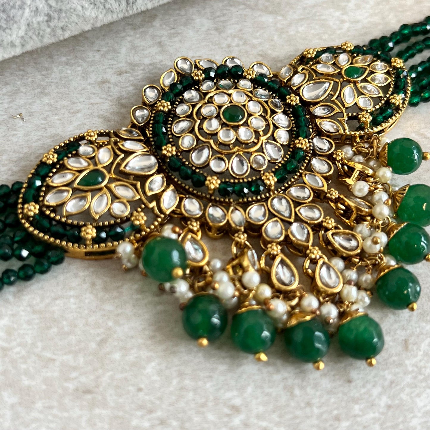 Green Large Faux Kundan Choker Set Earring/ Tikka High Quality Bright Gold Emerald Green Indian Pakistani Bollywood Fashion Jewellery Gift