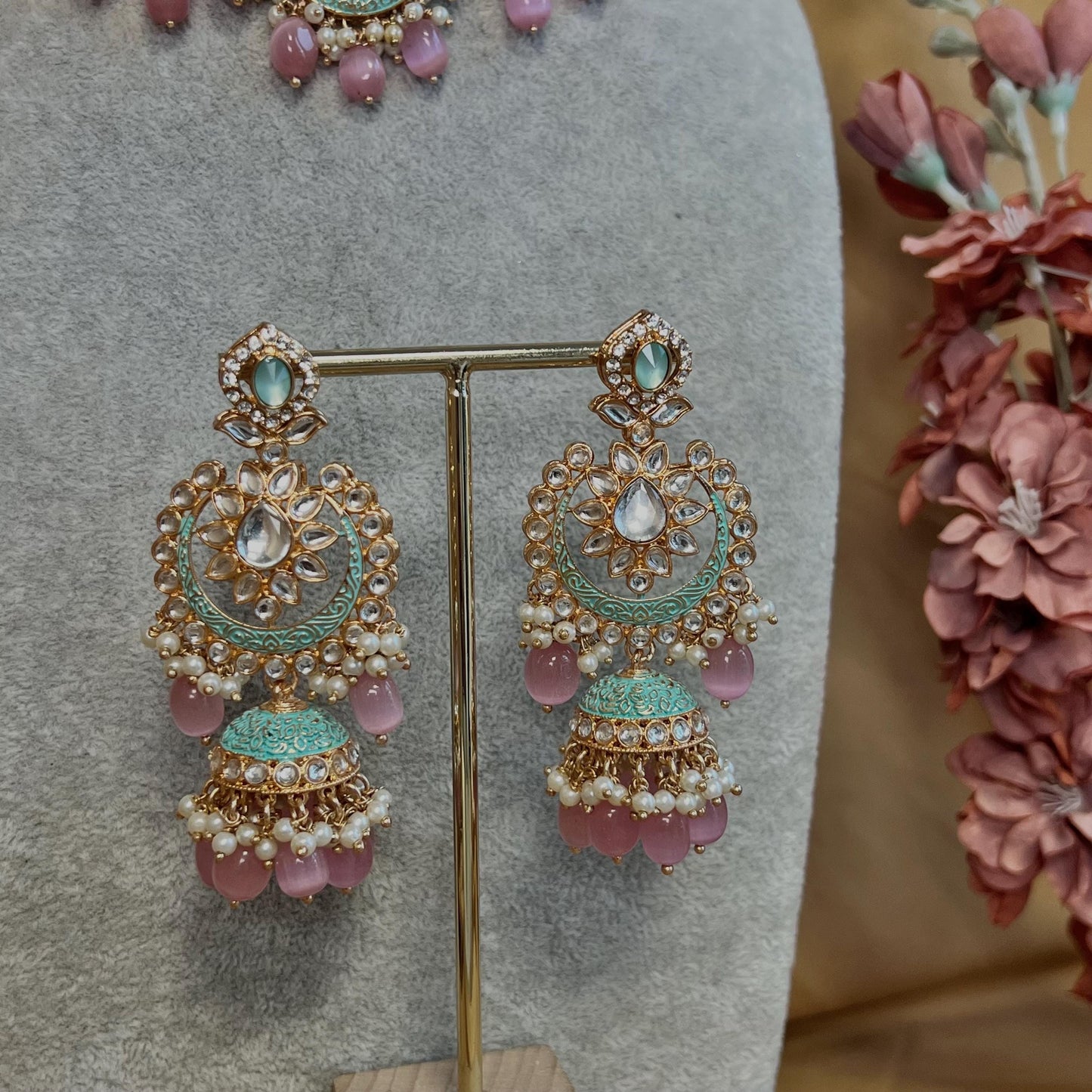 Pastels Faux Kundan Full Bridal Set/Mint & Pink Kundan Choker Set/Faux Kundan Jewellery/ Indian/ Pakistani Style/Bridal Jewellery