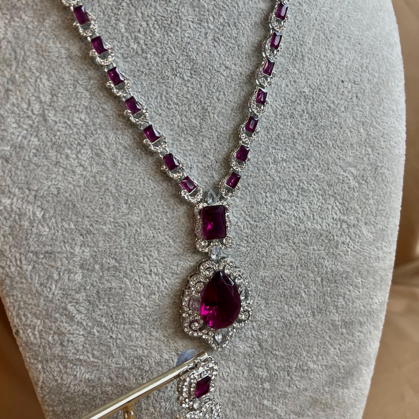 Purple Silver Short Necklace with Earring/Reception/Christmas/New Years Party/Fashion Jewellery/ Gift for Women/Purple Jewellery