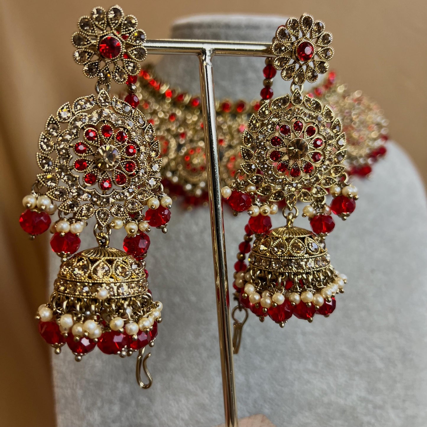 Red Necklace Set With Earrings Only - Red/Indian/ Pakistani Style/ Choker/ Earring/ Tikka/Wedding/Party