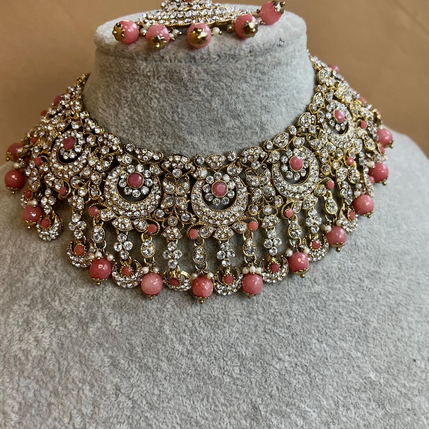 Pink Clear Crystal Necklace Set/Pink Jewellery Indian/ Pakistani/Fashion Jewellery/ Gift for Women