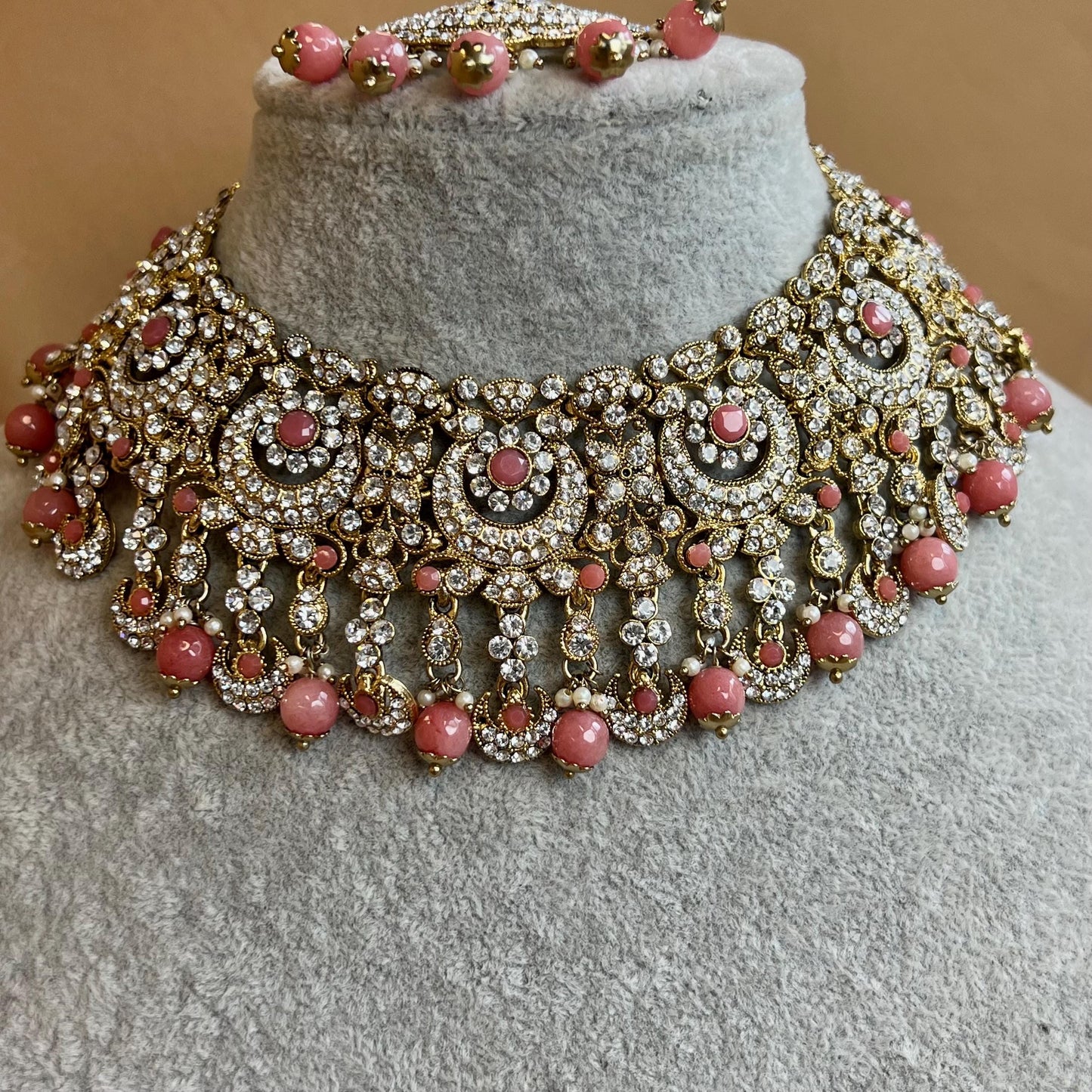 Pink Clear Crystal Necklace Set/Pink Jewellery Indian/ Pakistani/Fashion Jewellery/ Gift for Women