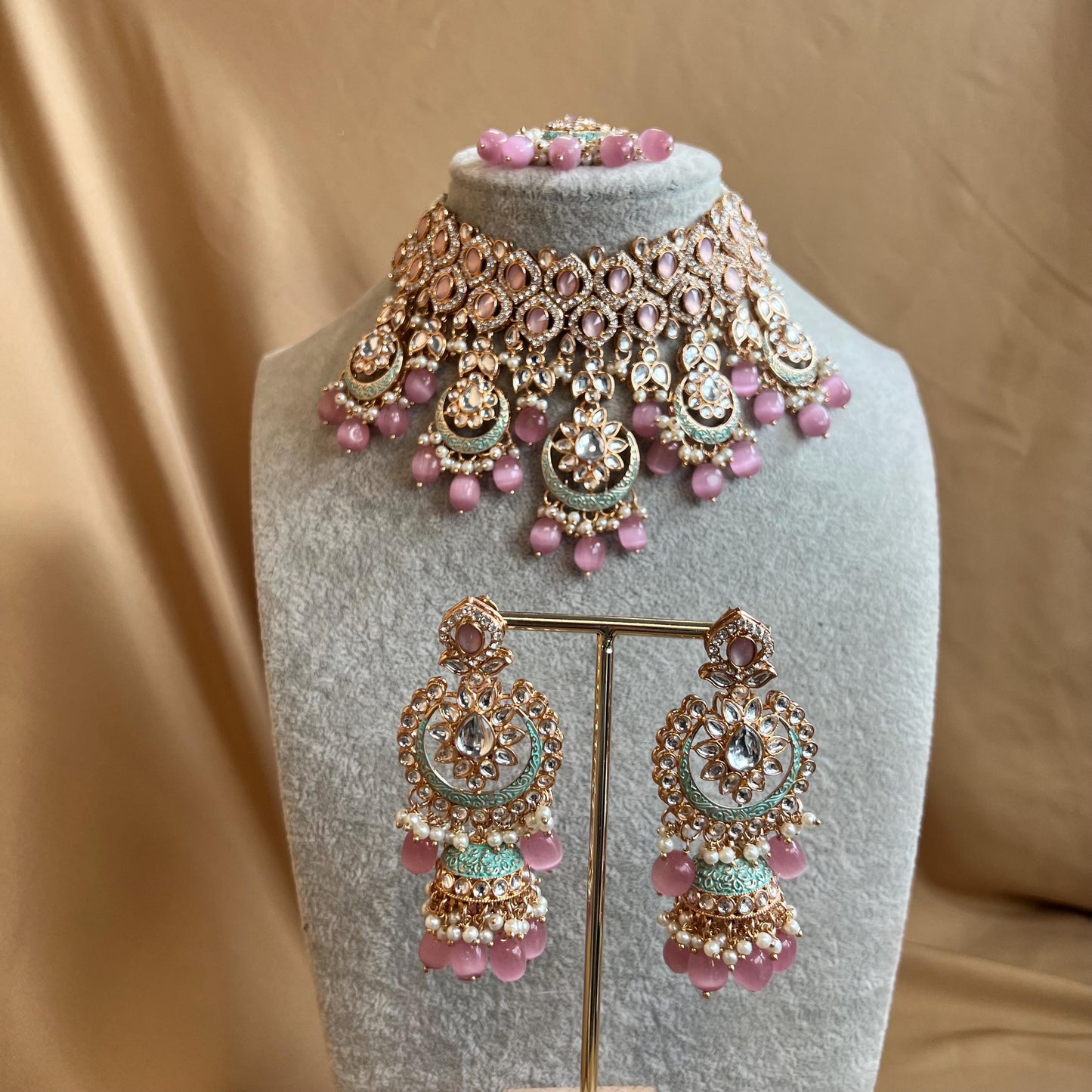 Pastels Pink Faux Kundan Full Bridal Set/Mint & Pink Kundan Choker Set/Faux Kundan Jewellery/ Indian/ Pakistani Style/Bridal Jewellery