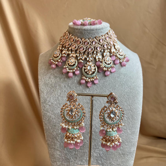 Pastels Pink Faux Kundan Full Bridal Set/Mint & Pink Kundan Choker Set/Faux Kundan Jewellery/ Indian/ Pakistani Style/Bridal Jewellery
