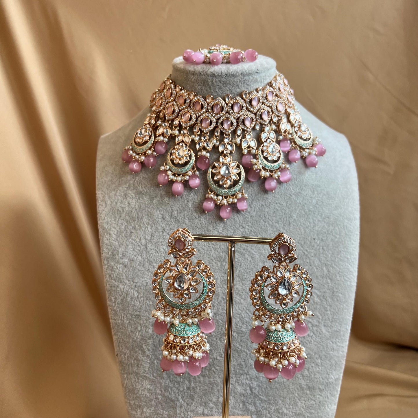 Pastels Pink Faux Kundan Full Bridal Set/Mint & Pink Kundan Choker Set/Faux Kundan Jewellery/ Indian/ Pakistani Style/Bridal Jewellery