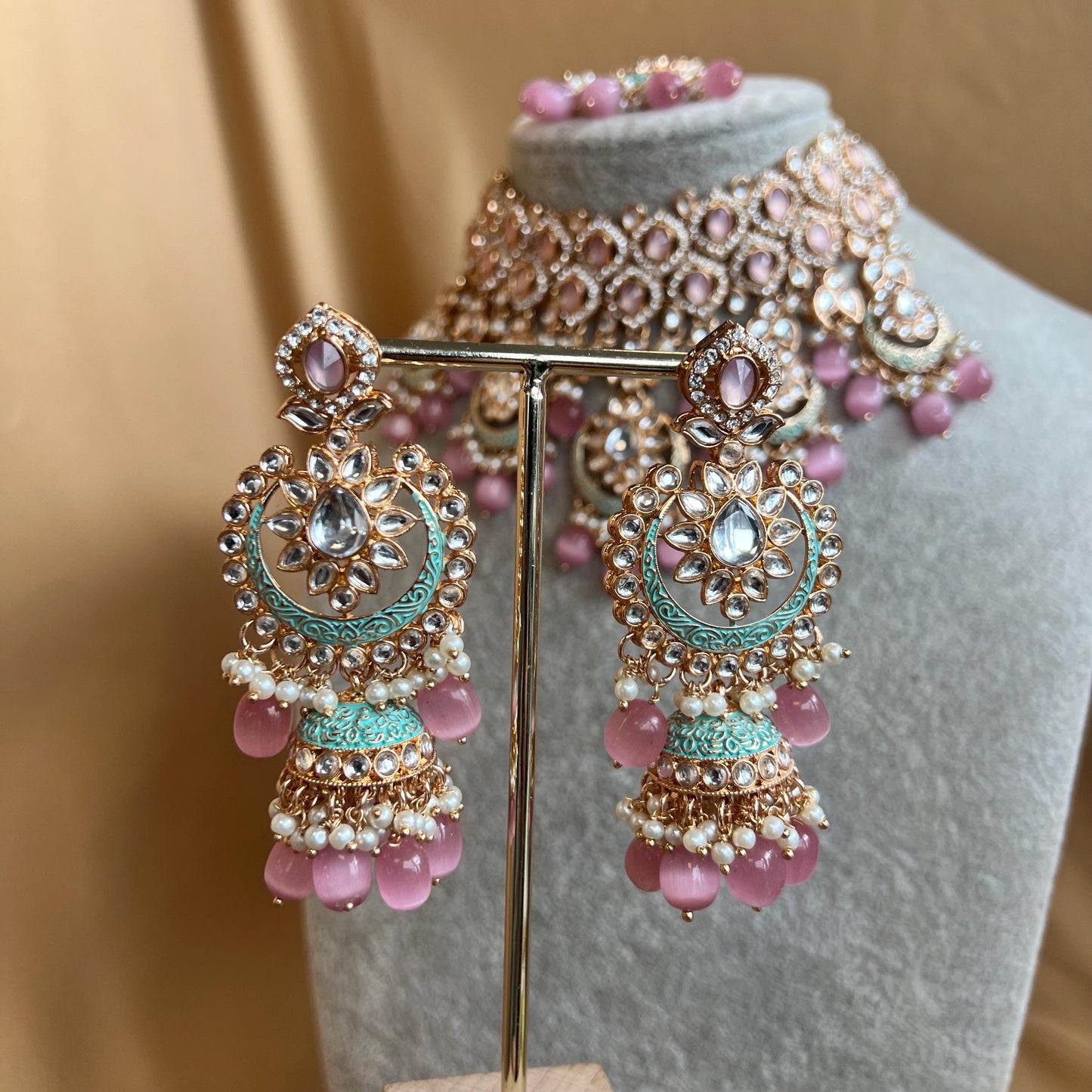 Pastels Pink Faux Kundan Full Bridal Set/Mint & Pink Kundan Choker Set/Faux Kundan Jewellery/ Indian/ Pakistani Style/Bridal Jewellery