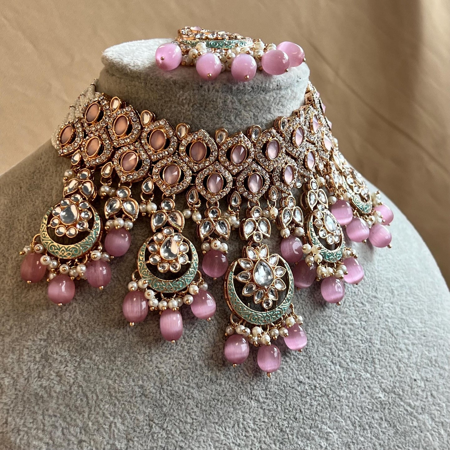 Pastels Pink Faux Kundan Full Bridal Set/Mint & Pink Kundan Choker Set/Faux Kundan Jewellery/ Indian/ Pakistani Style/Bridal Jewellery