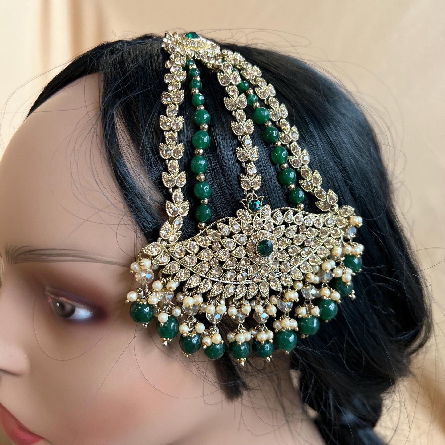 Jhumar/Green/Gold/Emerald Green Bead/Champagne Zircon Crystal/ Jhoomar / Passa/ Indian/ Pakistani Style/Head Piece High Quality