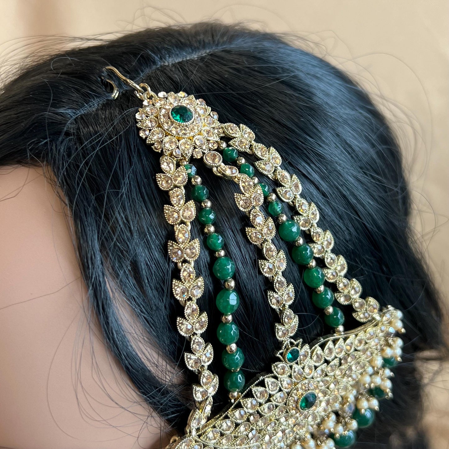 Jhumar/Green/Gold/Emerald Green Bead/Champagne Zircon Crystal/ Jhoomar / Passa/ Indian/ Pakistani Style/Head Piece High Quality