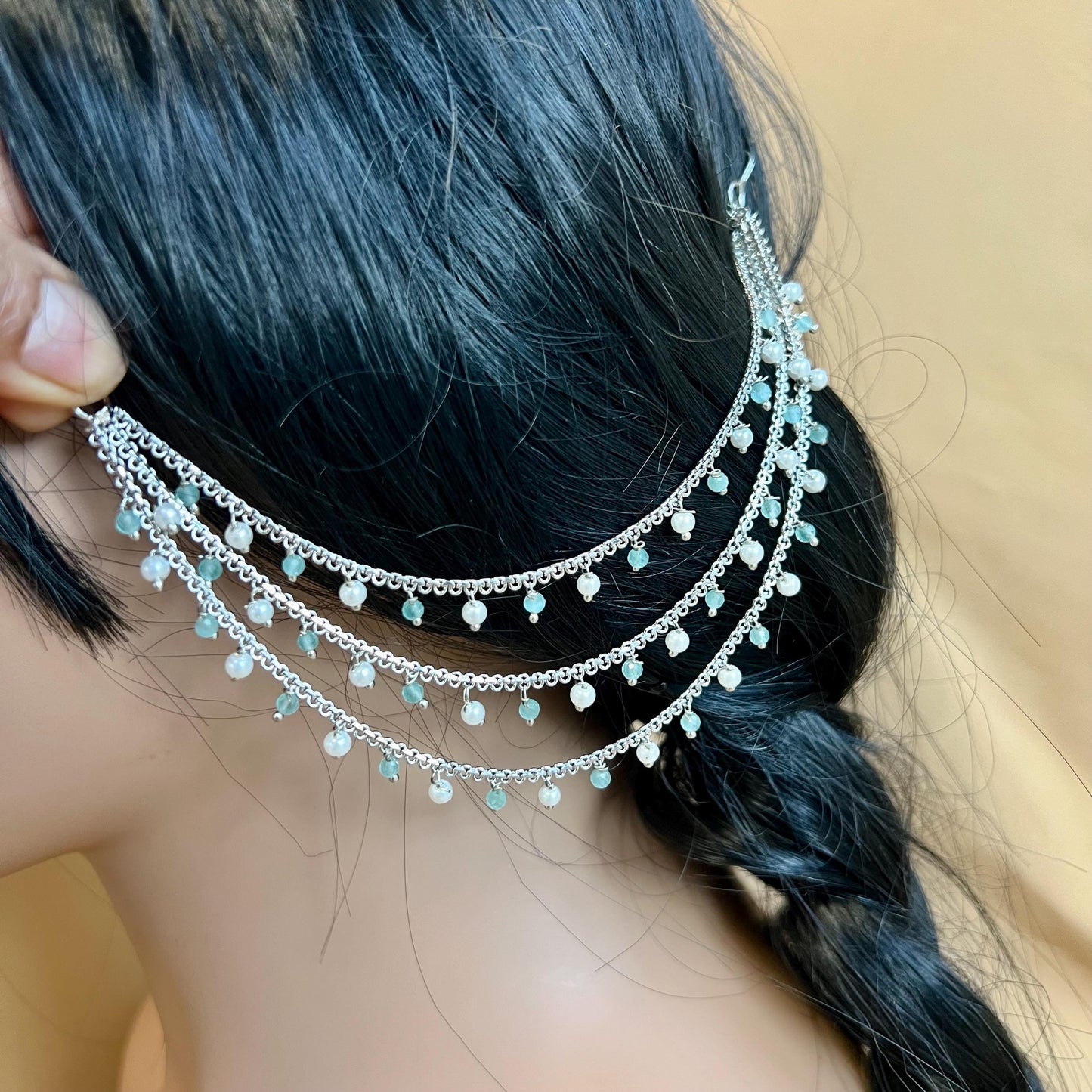 Antique Gold Blue Pearl Ear Chains to add to any earring style. Bollywood  (Saharey) / Indian Style Earring/ Fashion Jewellery