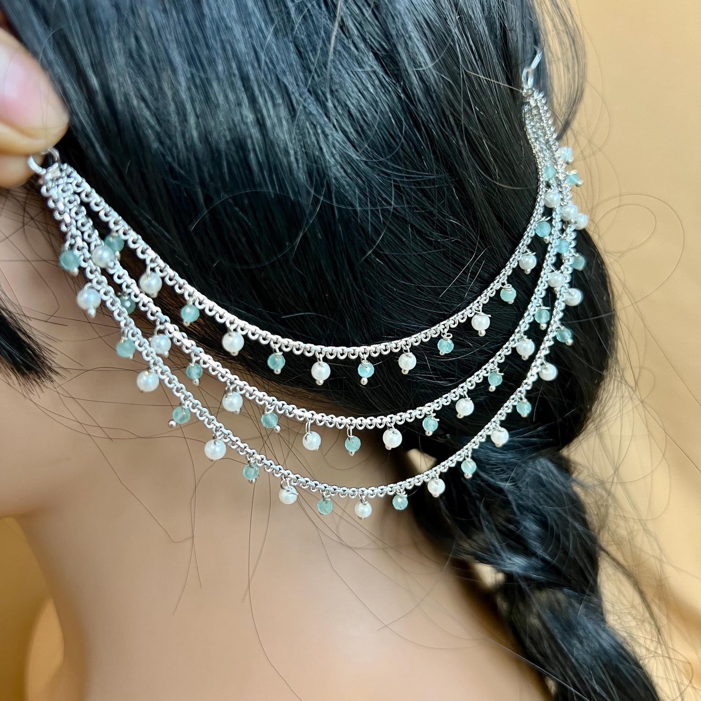 Antique Gold Blue Pearl Ear Chains to add to any earring style. Bollywood  (Saharey) / Indian Style Earring/ Fashion Jewellery
