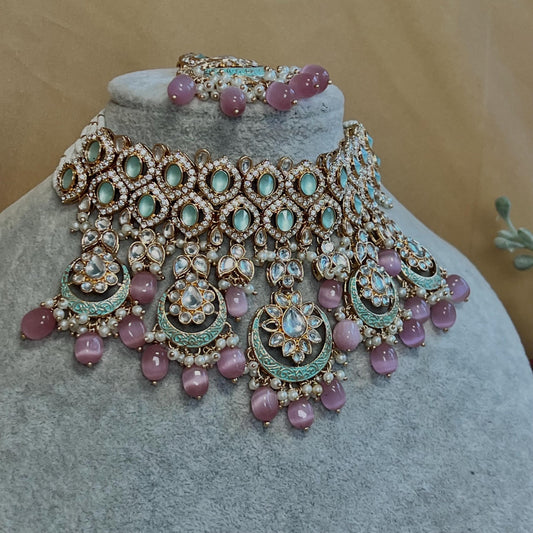 Pastels Faux Kundan Full Bridal Set/Mint & Pink Kundan Choker Set/Faux Kundan Jewellery/ Indian/ Pakistani Style/Bridal Jewellery