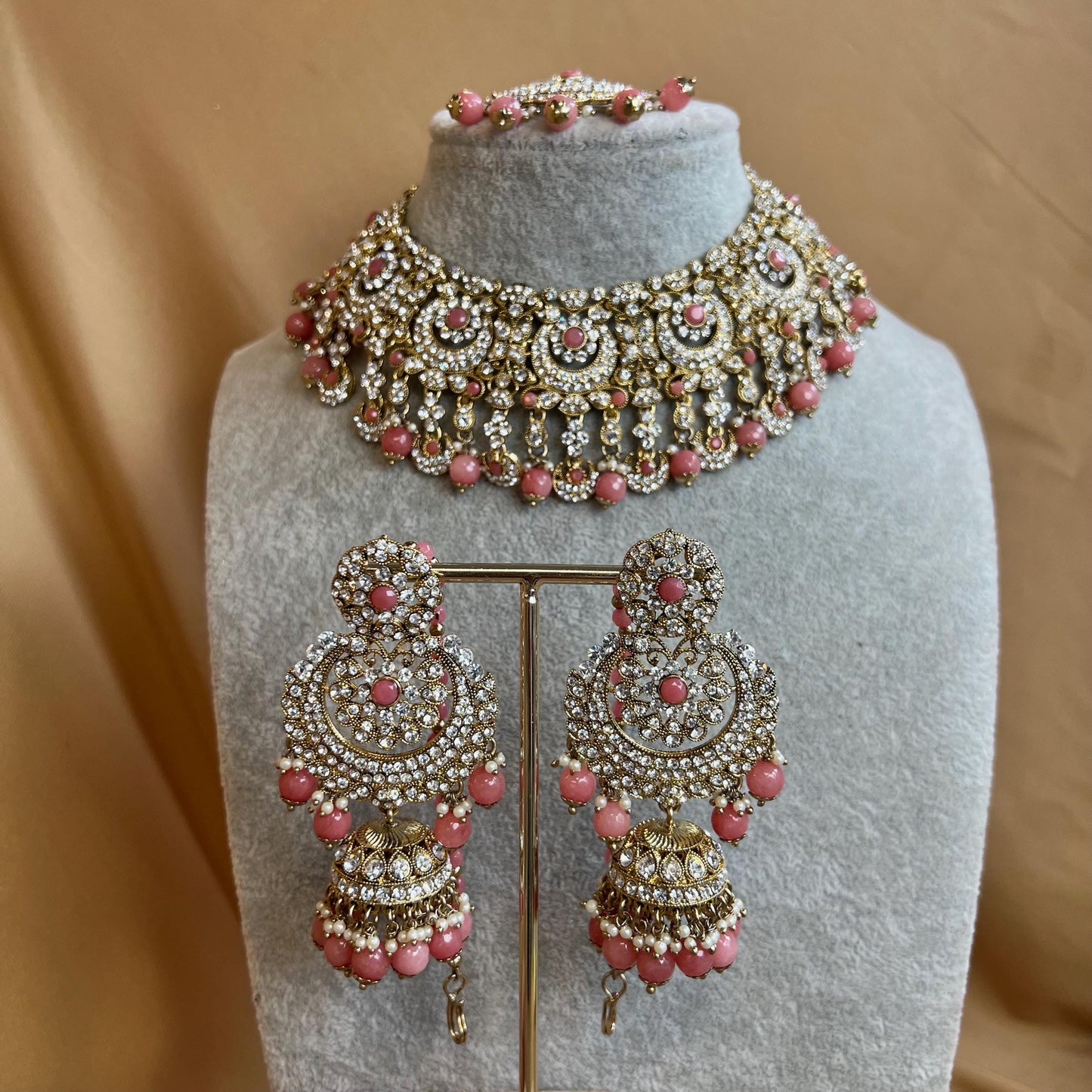 Pink Clear Crystal Necklace Set/Pink Jewellery Indian/ Pakistani/Fashion Jewellery/ Gift for Women