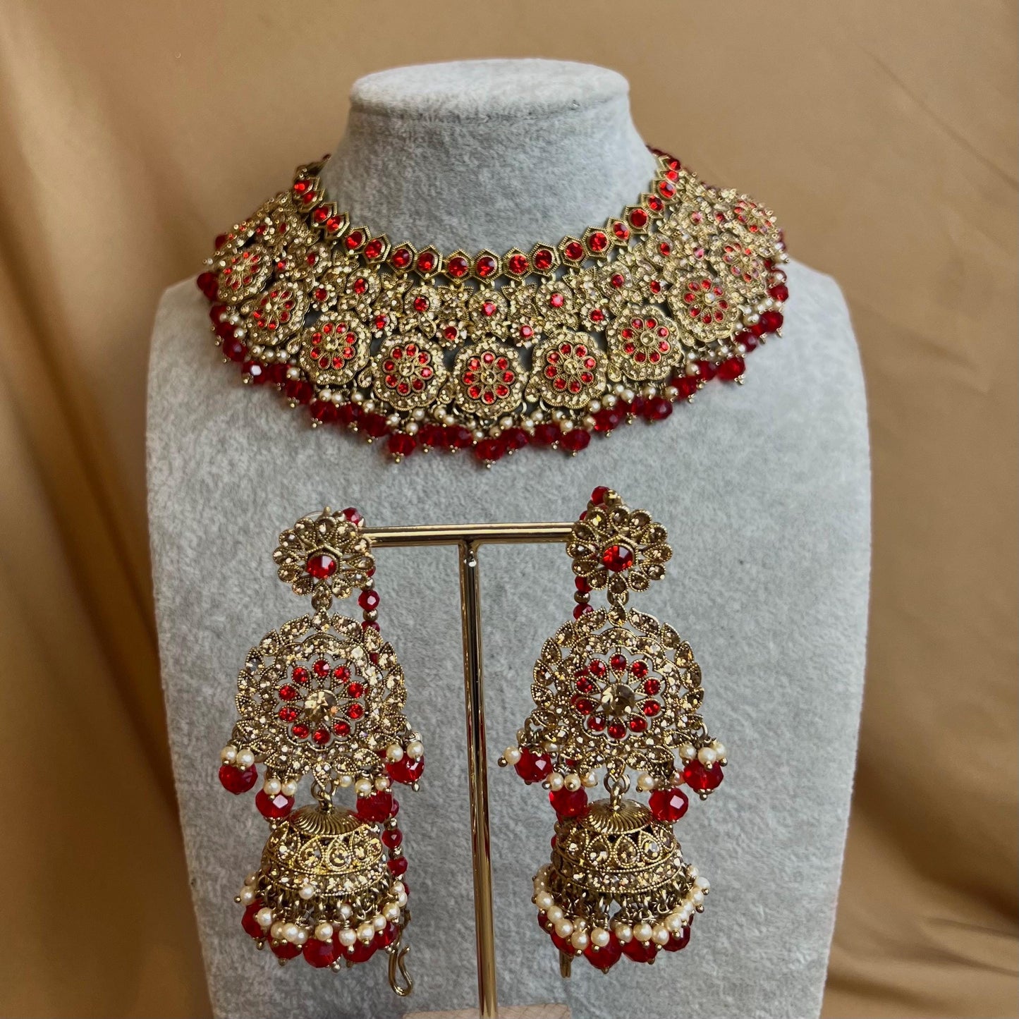 Red Necklace Set With Earrings Only - Red/Indian/ Pakistani Style/ Choker/ Earring/ Tikka/Wedding/Party