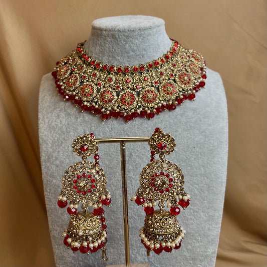 Red Necklace Set With Earrings Only - Red/Indian/ Pakistani Style/ Choker/ Earring/ Tikka/Wedding/Party