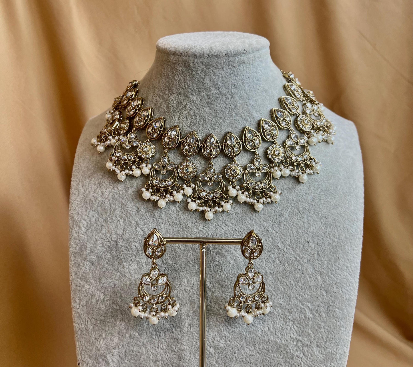 Clear Crystal Indian Necklace set - Indian/ Pakistani Style/Bridal set/Wedding/ Light gold