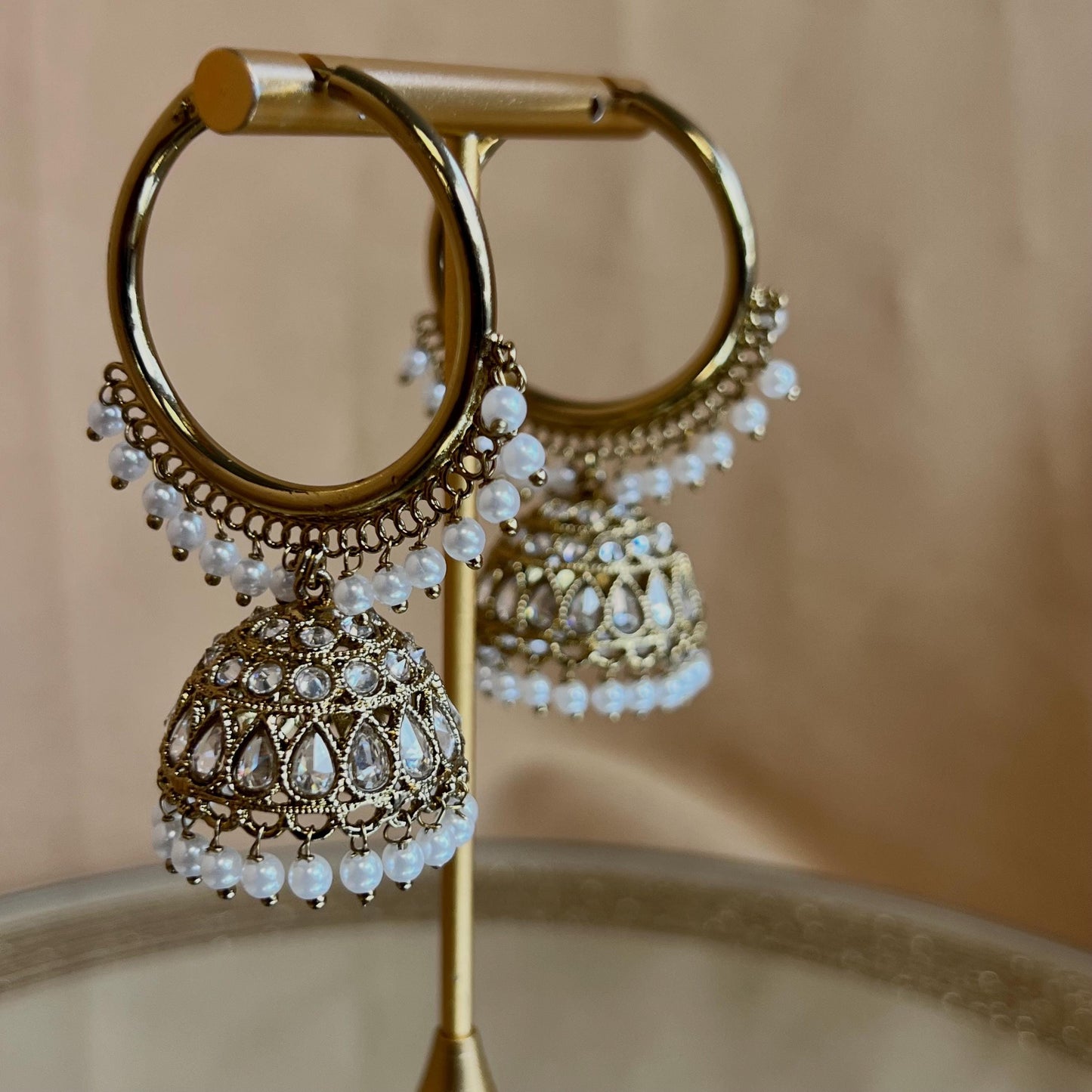 Pierced Antique Gold/Clear Medium Hoop Jhumka Earrings/ Pakistani Fashion/Gift for Women/Eid Gifts/Jhumka Sale/Earring Sale
