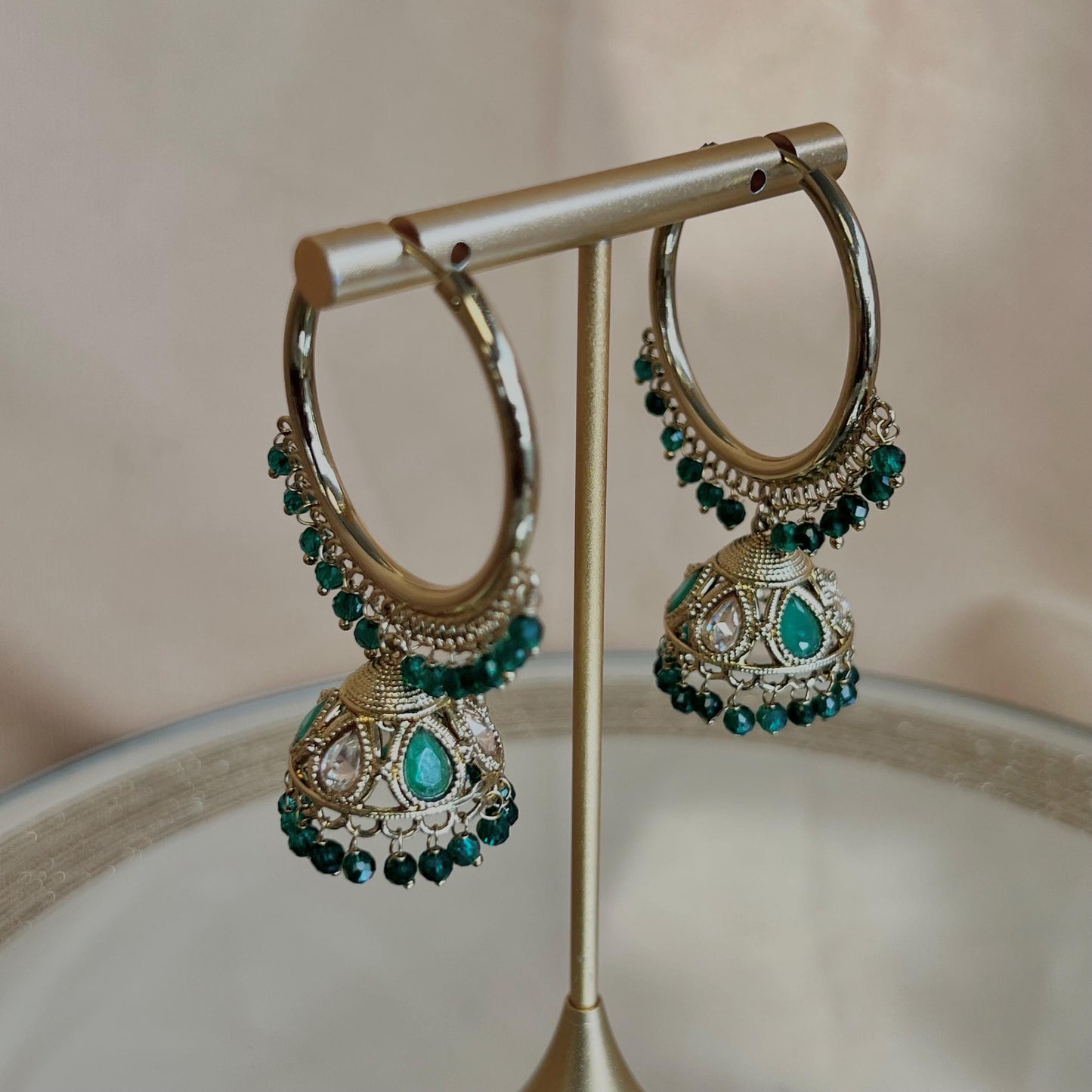 Pierced Antique Gold /Green Medium Hoop Jhumka Earrings/Gifts for Women/Eid Gifts/Jhumka Sale/Earring Sale/Green Jhumkis