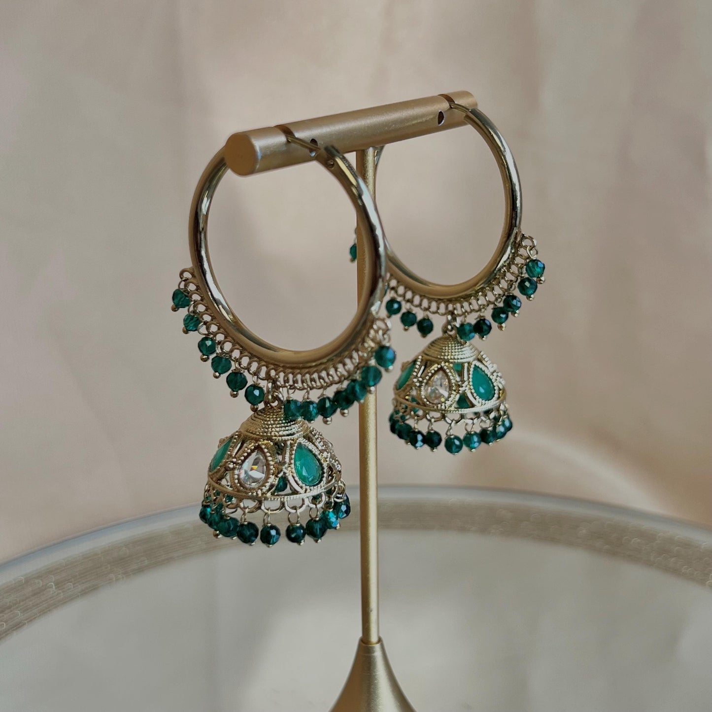 Pierced Antique Gold /Green Medium Hoop Jhumka Earrings/Gifts for Women/Eid Gifts/Jhumka Sale/Earring Sale/Green Jhumkis