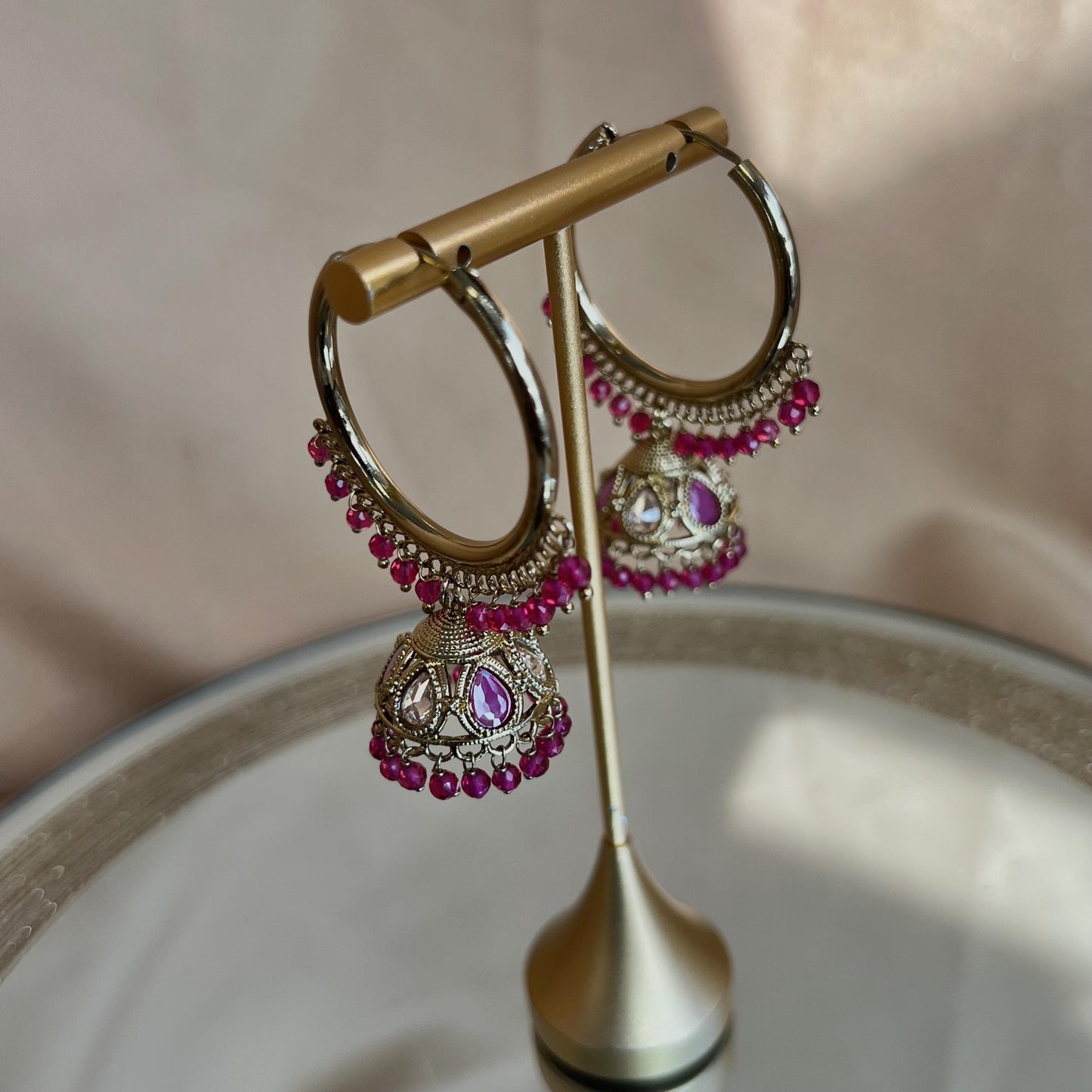 Pierced Antique Gold  Ruby Medium Hoop Jhumka Earrings/ Pakistan/ Gift for Women/Eid Gifts/Earrings Sale/Jhumka Sale/Clear Jhumkis