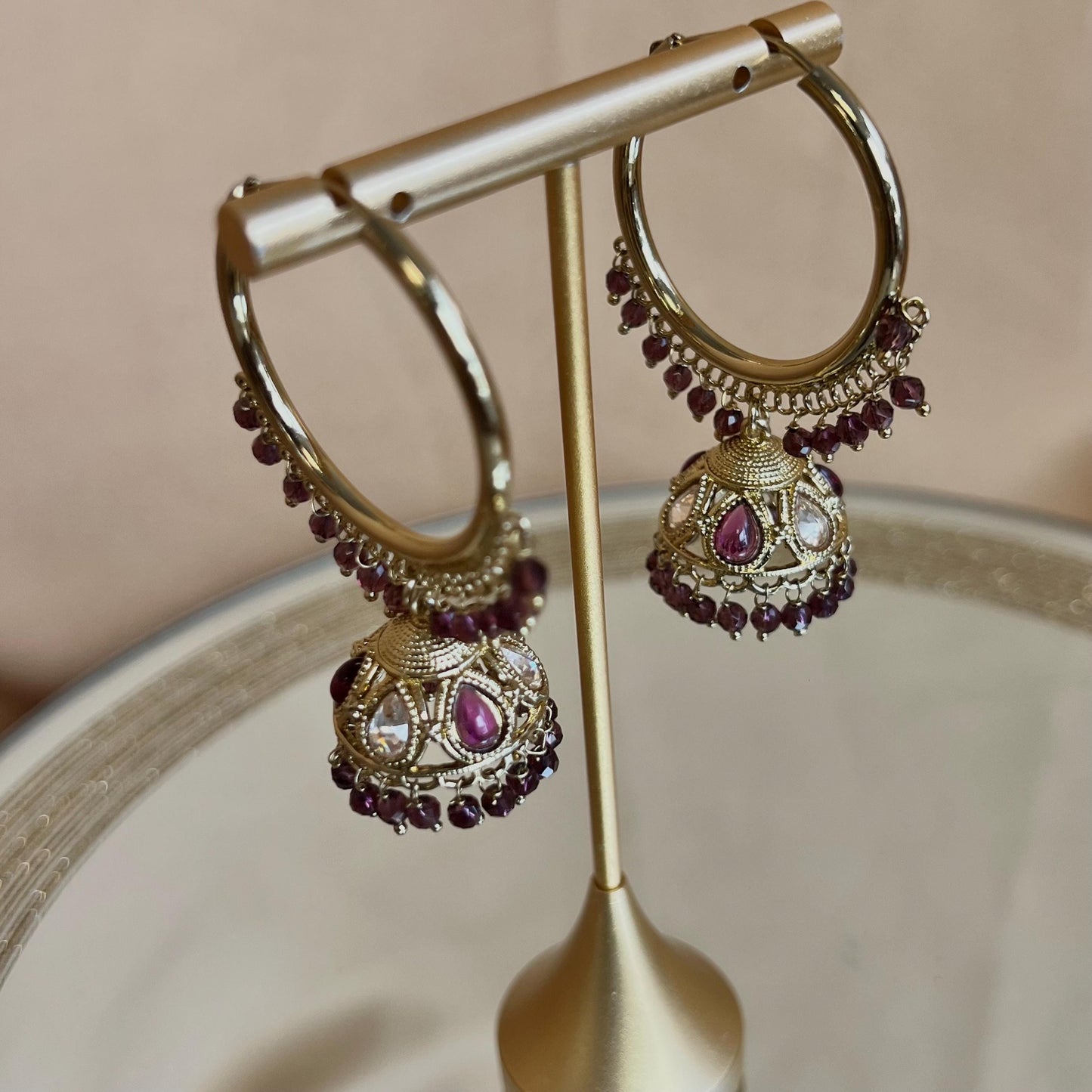 Pierced Antique Gold Purple Medium Hoop Jhumka Earrings/ Pakistani Fashion/Gift for Women/Eid Gifts/Earrings Sale/Jhumka Sale/Clear Jhumkis