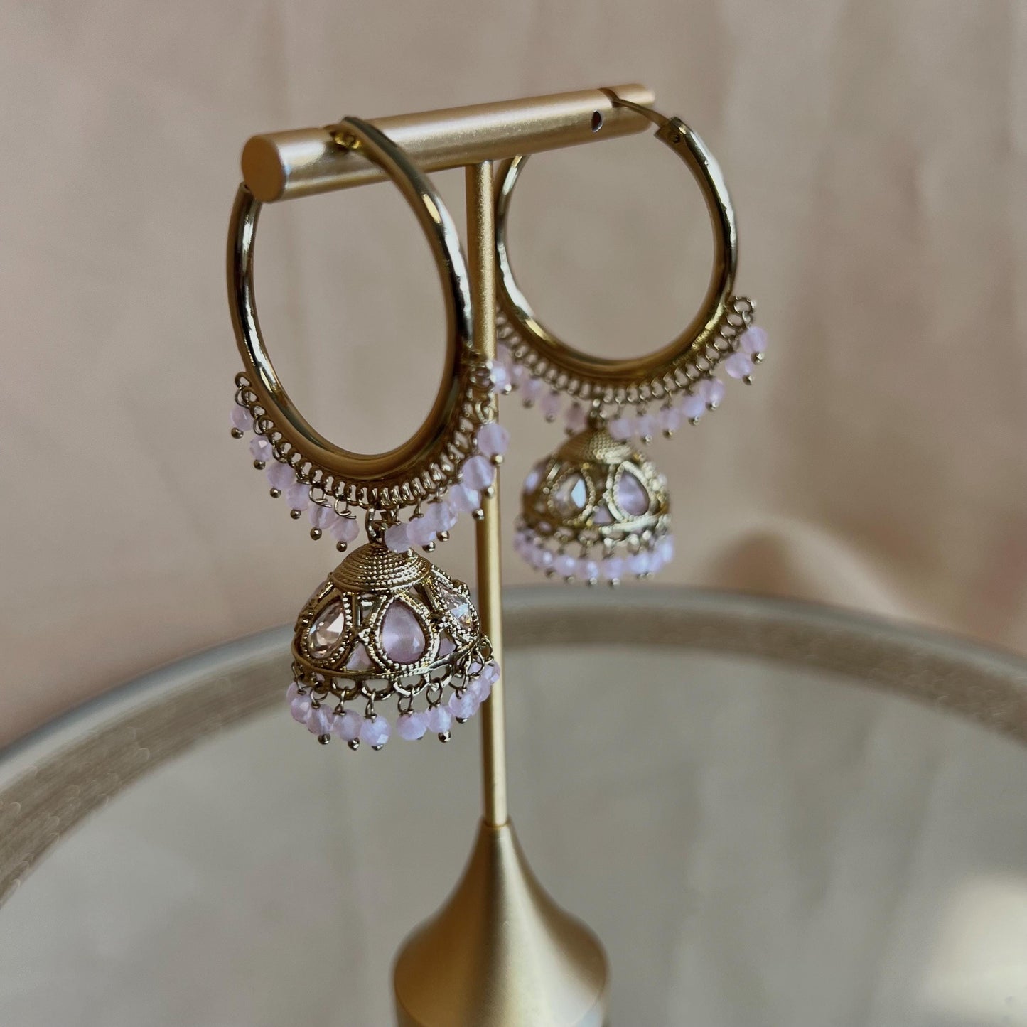 Pierced Antique Gold Light Pink Medium Hoop Jhumka Earrings/Pink Jhumkis/Gift for Women/Eid Gifts/Earrings Sale/Jhumka Sale/Clear Jhumkis