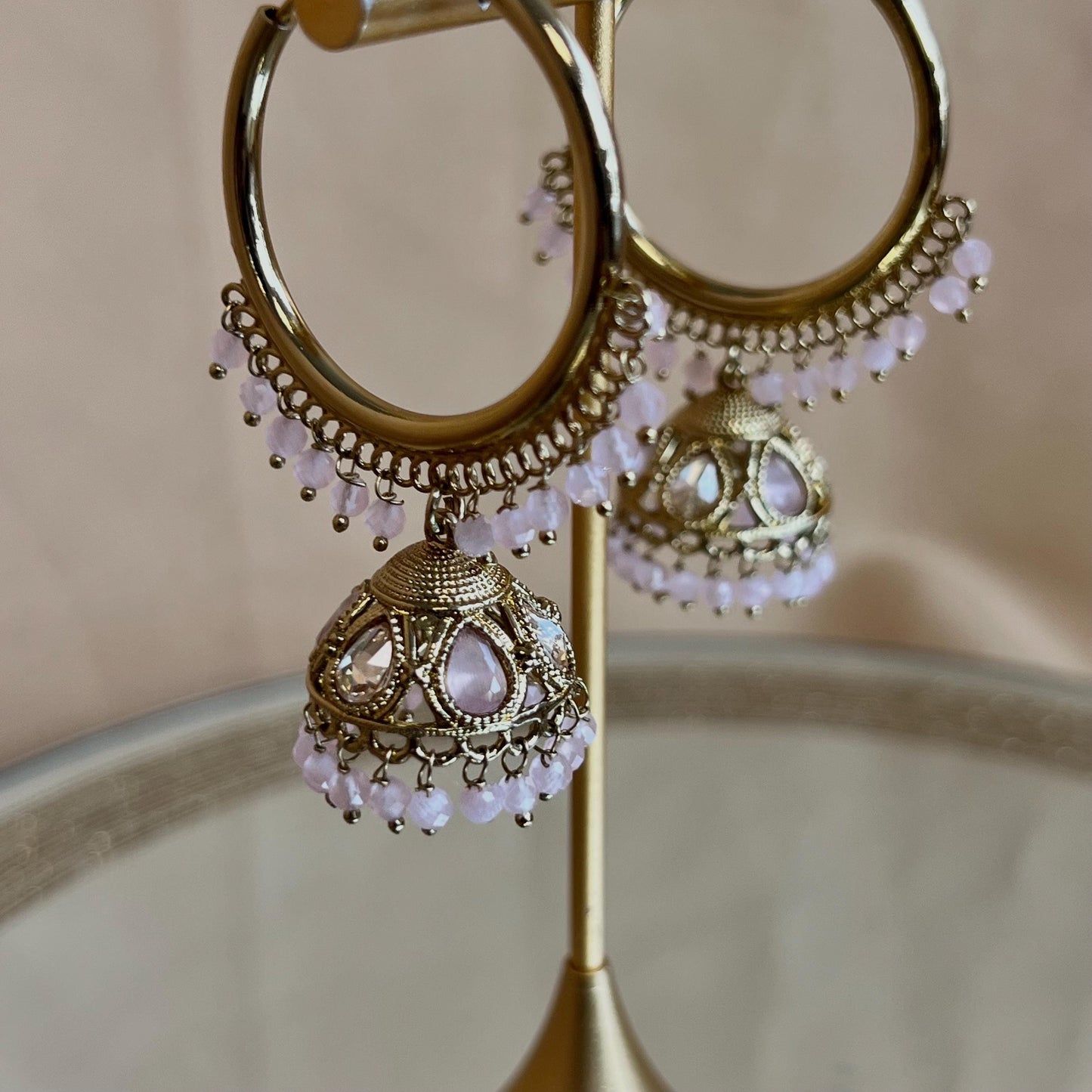 Pierced Antique Gold Light Pink Medium Hoop Jhumka Earrings/Pink Jhumkis/Gift for Women/Eid Gifts/Earrings Sale/Jhumka Sale/Clear Jhumkis