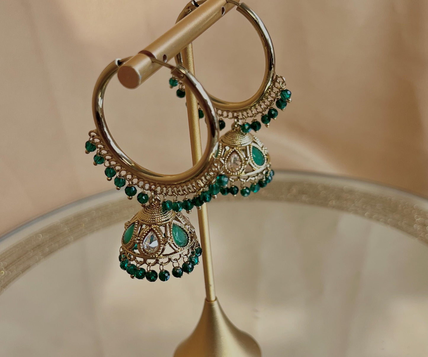 Pierced Antique Gold /Green Medium Hoop Jhumka Earrings/Gifts for Women/Eid Gifts/Jhumka Sale/Earring Sale/Green Jhumkis
