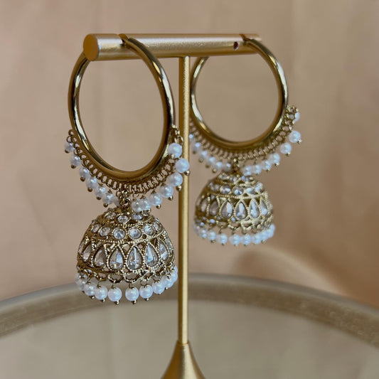Pierced Antique Gold/Clear Medium Hoop Jhumka Earrings/ Pakistani Fashion/Gift for Women/Eid Gifts/Jhumka Sale/Earring Sale